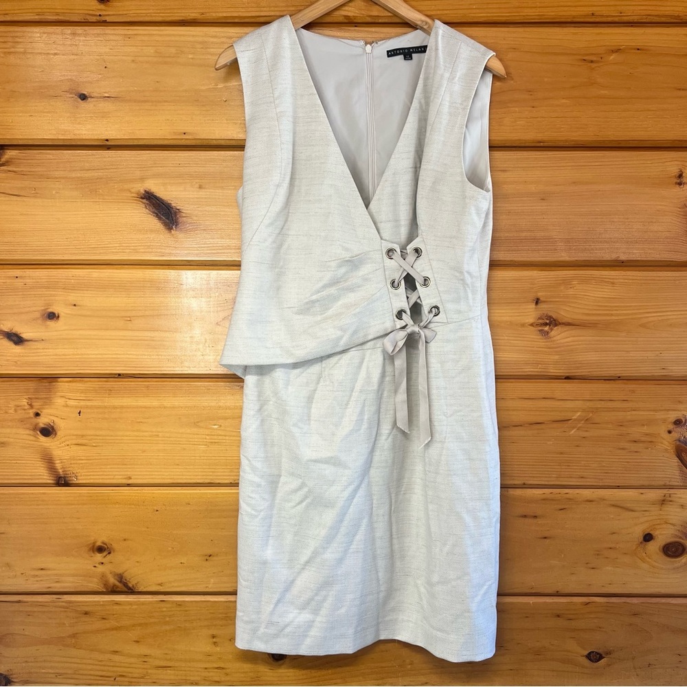 Sleek ANTONIO MELANI Lace-Up Details V- Neck Midi Elegant Feminine Dress 12